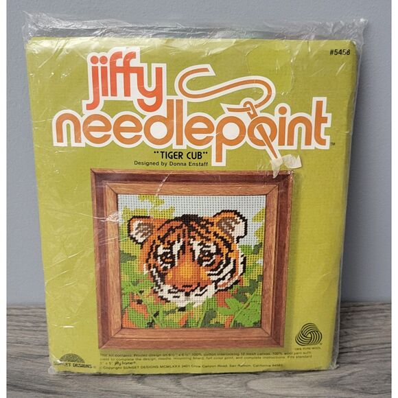 VTG Sunset Designs jiffy needlepoint Tiger Cub Donna Enstaff 5458 Pure Wool Yarn - Picture 1 of 5